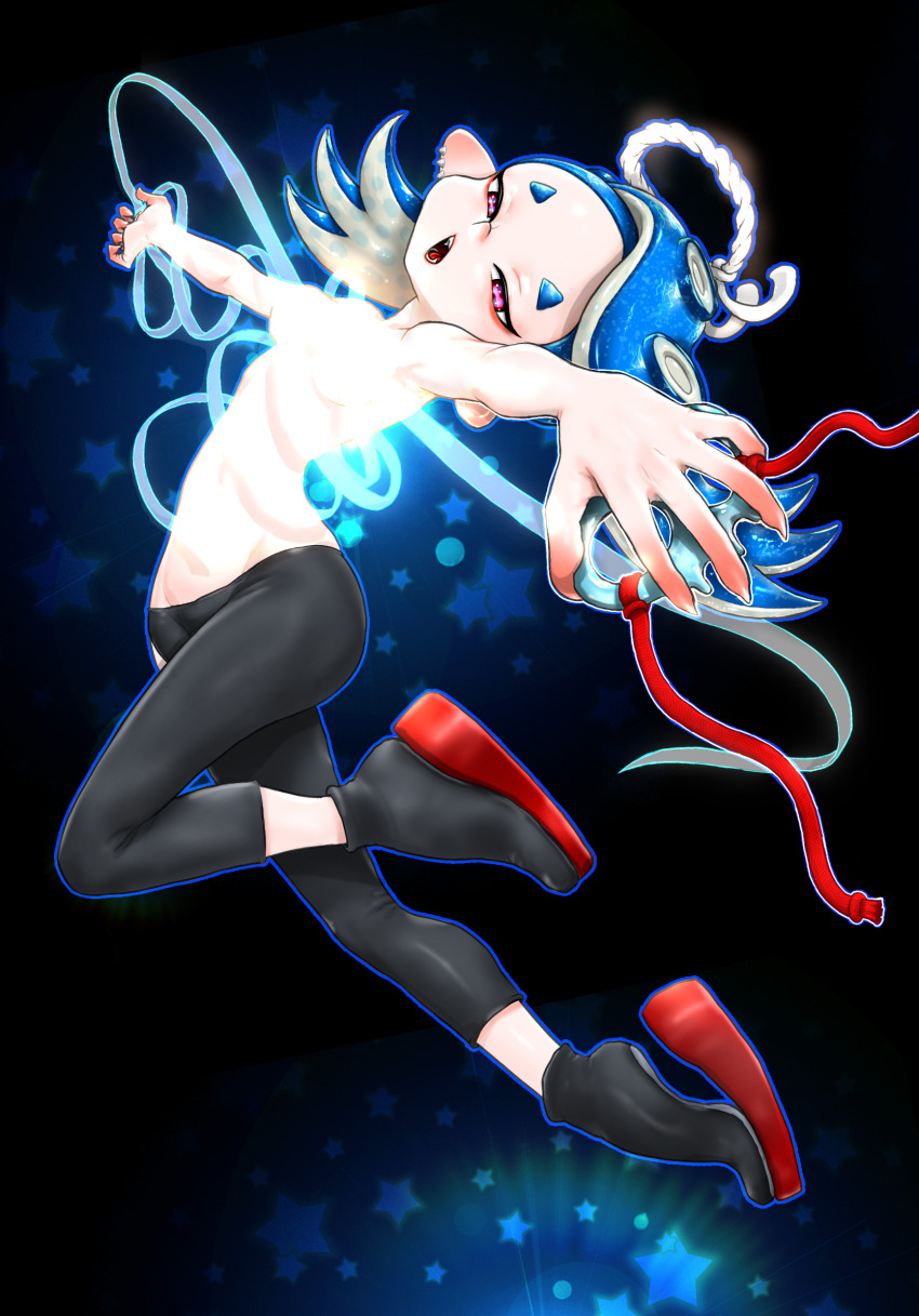 1girl bandages black_footwear black_leggings blue_hair censored censored_nipples cephalopod_eyes charm_(object) chestnut_mouth clothing_cutout glowing groin highres holding holding_charm horizontal_pupils jika-tabi jumping koharu2.5 leggings light_censor long_hair looking_at_viewer lowleg lowleg_pants multicolored_footwear multiple_piercings narrowed_eyes nintendo octoling open_mouth outstretched_arms pants pink_pupils reaching red_footwear rope sarashi shimenawa shiver_(deep_cut_outfit)_(splatoon) shiver_(splatoon) splatoon_(series) spread_arms star_(symbol) star_symbol_background tentacle_hair thigh_cutout topless_female undone_sarashi