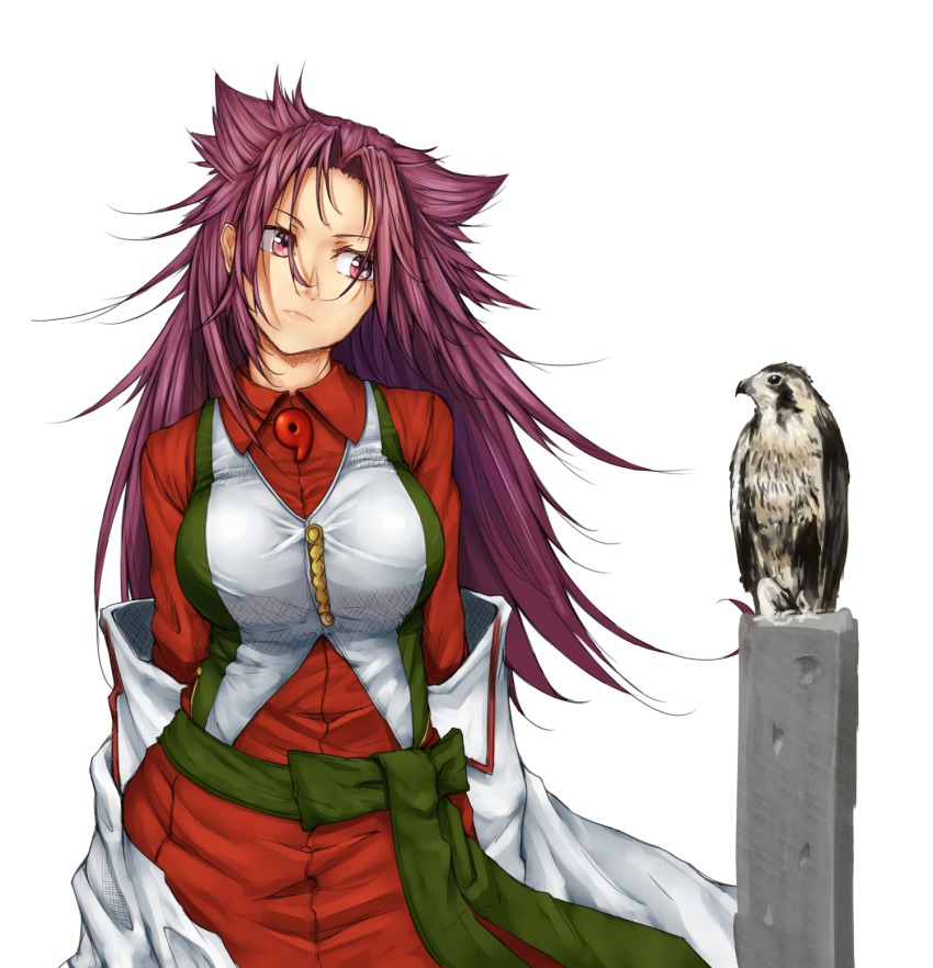 10s 1girl bird blouse breasts dress_shirt falcon female_focus hakama hakama_skirt hawk highres japanese_clothes jun&#039;you_(kancolle) kantai_collection large_breasts long_hair looking_to_the_side magatama name_connection nanao_(aoyamahikari) purple_eyes purple_hair red_hakama shirt simple_background skirt solo spiked_hair vest white_background