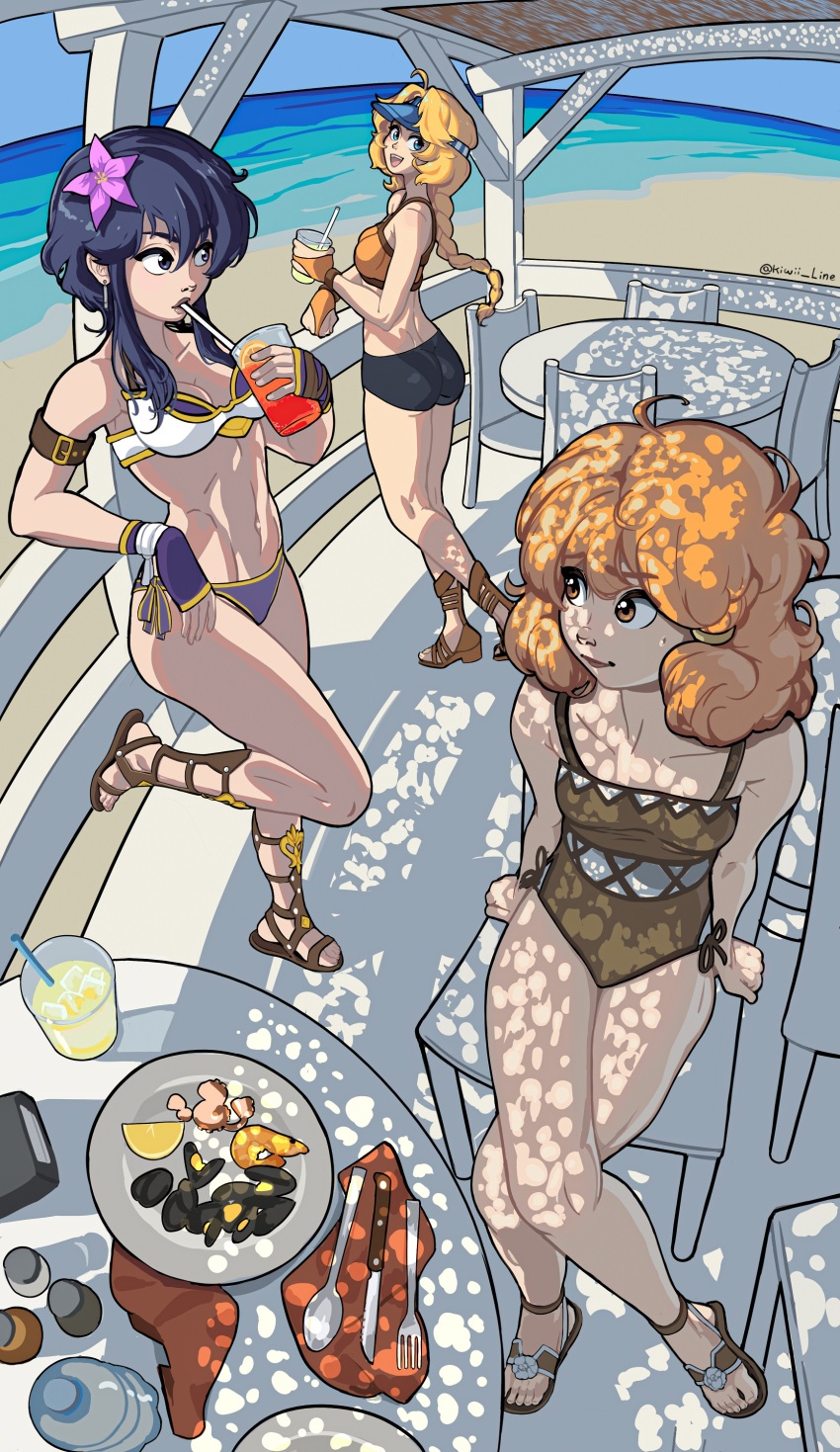 3girls absurdres ahoge alternate_costume armlet armor beach bike_shorts bikini bikini_armor black_hair blonde_hair braid braided_ponytail breastplate breasts brown_one-piece_swimsuit chair commission commissioner_upload crossed_legs cup drink drinking drinking_glass drinking_straw drinking_straw_in_mouth earrings fire_emblem fire_emblem:_genealogy_of_the_holy_war flower food fork gladiator_sandals gloves hair_flower hair_ornament hairclip highres holding holding_cup holding_drink jewelry kiwii_line knife lana_(fire_emblem) larcei_(fire_emblem) leather_strap long_hair looking_at_another medium_breasts multiple_girls navel nintendo ocean one-piece_swimsuit orange_bikini orange_hair outdoors patty_(fire_emblem) ponytail purple_bikini sandals seafood short_hair side-tie_bikini_bottom sidelocks small_breasts smile spoon standing standing_on_one_leg stomach sweatdrop swimsuit table tomboy visor_cap