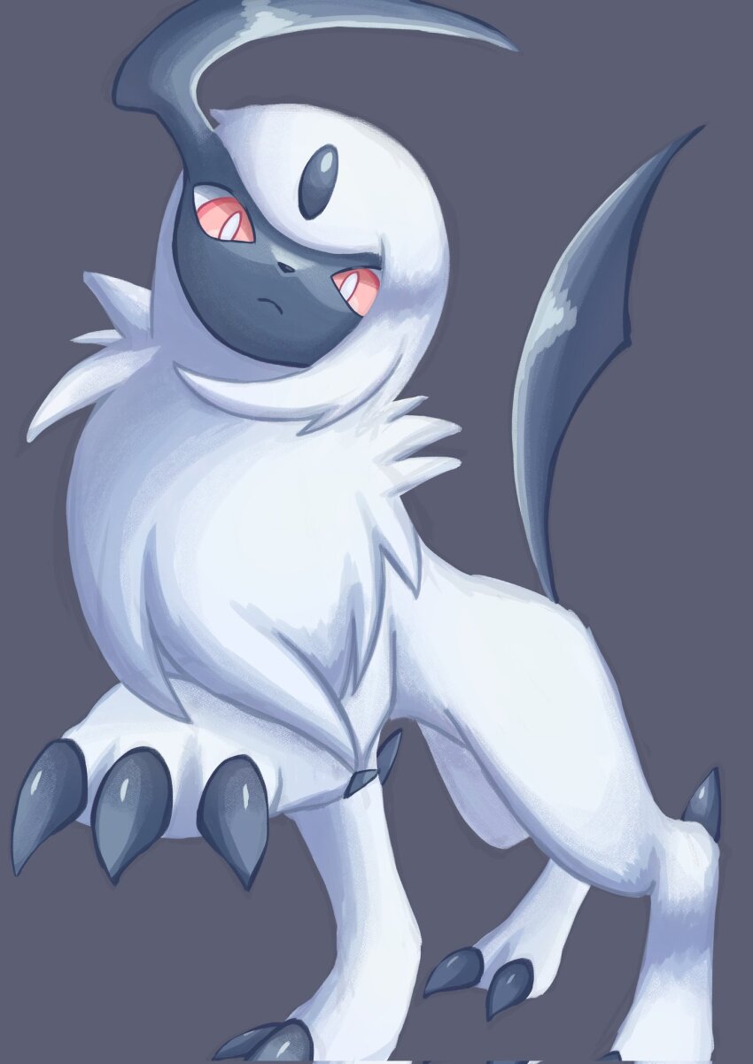 absol animal_focus bright_pupils claws closed_mouth gen_3_pokemon highres horns looking_at_viewer nintendo no_humans pink_eyes pokemon pokemon_(creature) simple_background single_horn solo soruva_359 white_hair white_pupils