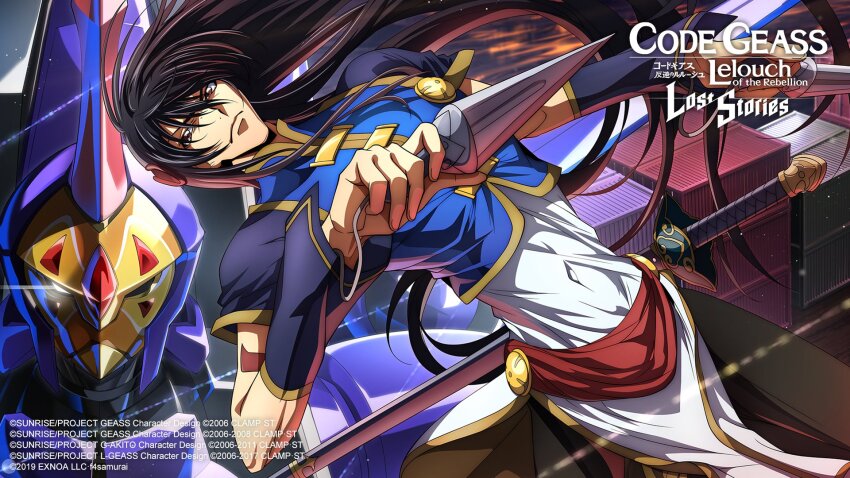 1boy black_hair black_leggings blue_shirt brown_eyes chinese_clothes closed_mouth code_geass code_geass:_lost_stories commentary commentary_request covered_navel crop_top dual_wielding english_commentary eye_trail f4samurai floating_hair game_cg glowing glowing_eye gold_trim hair_between_eyes hair_ornament highres holding kunai leggings li_xingke light_trail long_hair looking_to_the_side male_focus mecha night official_art outdoors raglan_sleeves robot serious sheath sheathed shen_hu_(code_geass) shipping_container shirt short_sleeves sidelocks solo straight-on string sword tunic very_long_hair weapon white_eyes