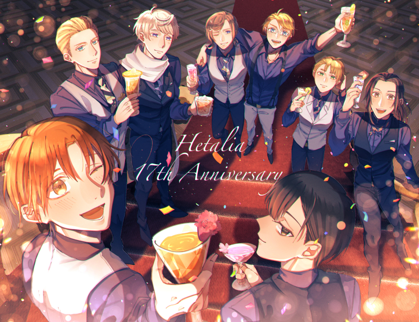 6+boys ahoge akane0000719 america_(hetalia) anniversary arm_up axis_powers_hetalia belt black_belt black_hair black_pants black_shoes black_vest blonde_hair blue_eyes blue_necktie blush brown_eyes brown_hair china_(hetalia) clenched_hand closed_mouth commentary_request confetti copyright_name cup drink drinking_glass english_text everyone facial_hair fingernails floor food france_(hetalia) from_behind fruit full_body germany_(hetalia) glasses green_eyes hand_up highres holding holding_cup ice ice_cube indoors japan_(hetalia) lapels lemon lemon_slice long_hair long_sleeves looking_at_another looking_at_viewer looking_back low_ponytail male_focus matching_outfits multiple_boys necktie northern_italy_(hetalia) official_alternate_costume one_eye_closed open_mouth orange_eyes orange_hair pants parted_bangs ponytail puffy_long_sleeves puffy_sleeves purple_shirt red_carpet russia_(hetalia) scarf semi-rimless_eyewear shadow shirt shoes short_hair sidelocks smile stairs standing suspenders teeth united_kingdom_(hetalia) upper_body vest white-framed_eyewear white_pants white_scarf white_vest