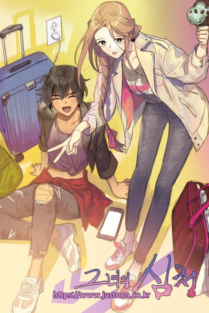 2girls :d ^_^ bag braid brown_eyes brown_hair casual cellphone charger closed_eyes collarbone commentary_request contemporary dark-skinned_female dark_skin denim her_shim_cheong highres imam_(oozlo) jeans leaning_forward manim_(her_shim_cheong) midriff_peek mint_chocolate multiple_girls open_mouth pale_skin pants phone rolling_suitcase shim_cheong shoes single_braid sitting smile sneakers suitcase torn_clothes torn_jeans torn_pants v v-shaped_eyebrows