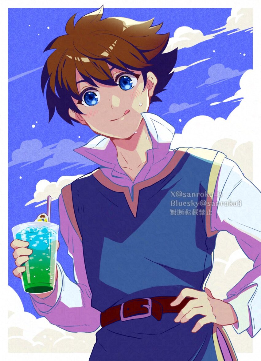 1boy bartz_klauser belt blue_eyes blue_tunic brown_hair cloud cloudy_sky commentary_request cup drink drinking_straw final_fantasy final_fantasy_v hand_on_own_hip highres holding holding_drink male_focus outdoors sanroku_3 shirt short_hair sky smile soda sweat tongue tongue_out tunic twitter_username watermark