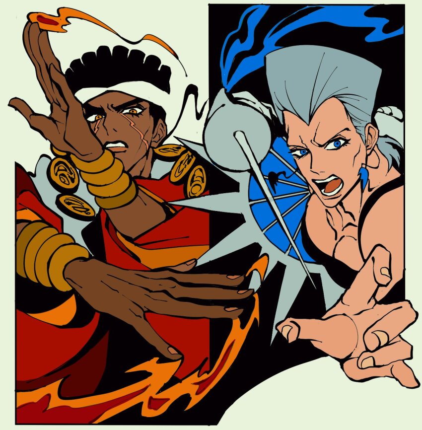 2boys black_hair blue_eyes clamchowder55 commentary dark-skinned_male dark_skin earrings facial_mark fire flattop grey_hair headband highres jean_pierre_polnareff jewelry jojo_no_kimyou_na_bouken male_focus mohammed_avdol multiple_boys orange_eyes rapier silver_chariot stand_(jojo) stardust_crusaders sword teeth tongue weapon white_headband