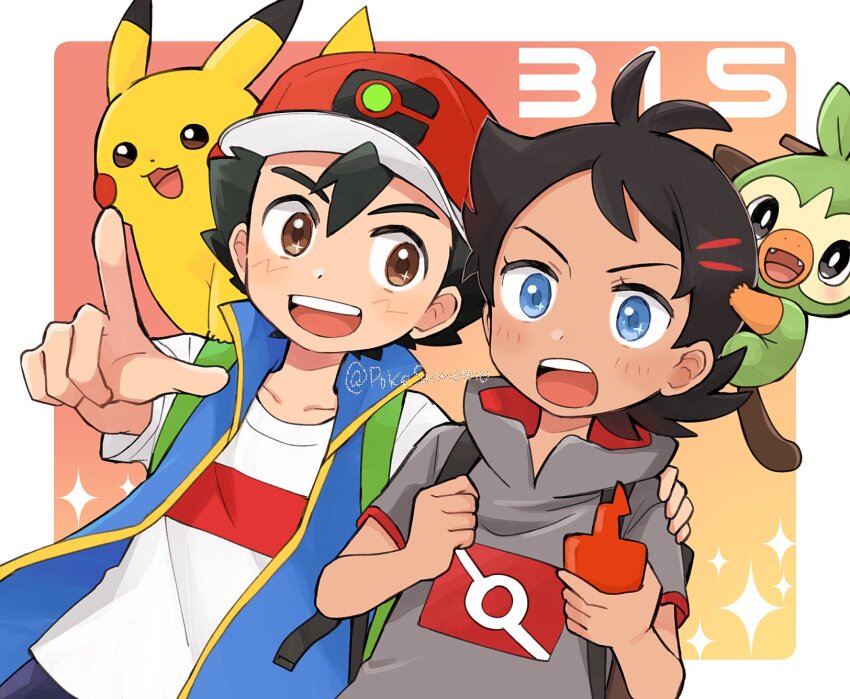 2boys :d antenna_hair ash_ketchum black_hair blue_eyes blue_vest brown_eyes commentary creatures_(company) game_freak gen_1_pokemon gen_4_pokemon gen_8_pokemon goh_(pokemon) grey_shirt grookey hat highres holding holding_phone male_focus multiple_boys nintendo on_head open_clothes open_mouth open_vest phone pikachu pointing pokemon pokemon_(anime) pokemon_(creature) pokemon_journeys pokemon_on_head pokesumomo red_hat rotom rotom_phone shirt short_hair short_sleeves smile sparkle symbol-only_commentary t-shirt teeth tongue twitter_username upper_teeth_only vest white_shirt