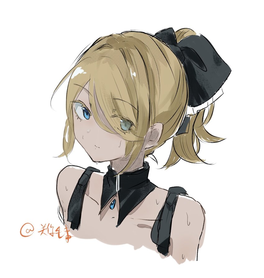 aku_no_musume_(vocaloid) bare_shoulders black_bow black_choker blonde_hair blue_eyes blue_gemstone bow choker closed_mouth collarbone colored_eyelashes detached_collar evillious_nendaiki flat_chest gem guanguansjdy hair_bow hair_over_one_eye high_ponytail highres implied_nudity kagamine_rin miku_symphony_(vocaloid) nervous_sweating official_alternate_costume ponytail riliane_lucifen_d&#039;autriche sidelocks sideways_glance signature sweat swept_bangs torn_clothes torn_straps updo upper_body vocaloid