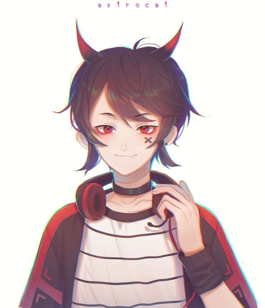1boy ahoge astrocatsama black_choker black_hair black_horns black_jacket choker closed_mouth collarbone commentary demon_horns earrings english_commentary eyeshadow fang fang_out fingernails headphones headphones_around_neck headpiece highres holding holding_headphones horns jacket jewelry light_blush looking_at_viewer makeup male_focus marking_on_cheek multicolored_horns multicolored_jacket open_clothes open_jacket original red_eyes red_eyeshadow red_headphones red_horns red_jacket shirt short_hair simple_background single_earring skin_fang smile solo striped_clothes striped_shirt stud_earrings two-tone_horns two-tone_jacket upper_body white_background white_shirt x