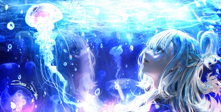 absurdres blue_eyes blue_hair earrings highres hololive hololive_indonesia jellyfish jewelry kobo_kanaeru lips long_hair looking_up multicolored_eyes multicolored_hair open_mouth reflection twitter_username underwater virtual_youtuber zoru_pines