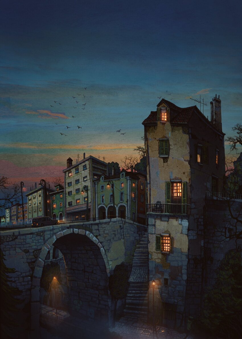 balcony bird bridge building francisco_fonseca highres lamppost motor_vehicle night night_sky no_humans open_window_shutter original power_lines radio_antenna sky stairs tree van water_tower window window_light window_shutter