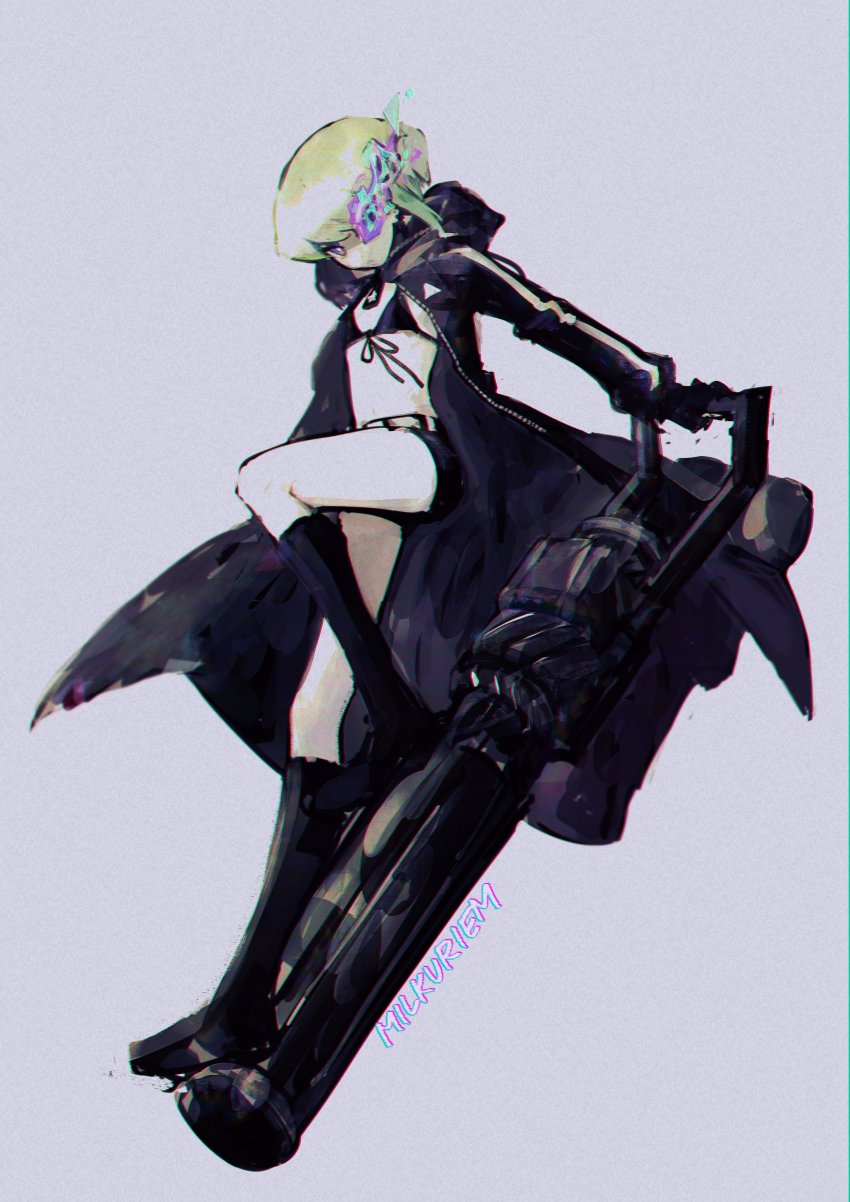 1boy absurdres belt bikini bikini_top_only black_gloves black_rock_shooter black_rock_shooter_(character) black_rock_shooter_(character)_(cosplay) boots chromatic_aberration cosplay flaming_eye gloves green_hair gun highres jacket lio_fotia male_focus midriff milkuriem navel promare short_hair shorts solo swimsuit trap weapon