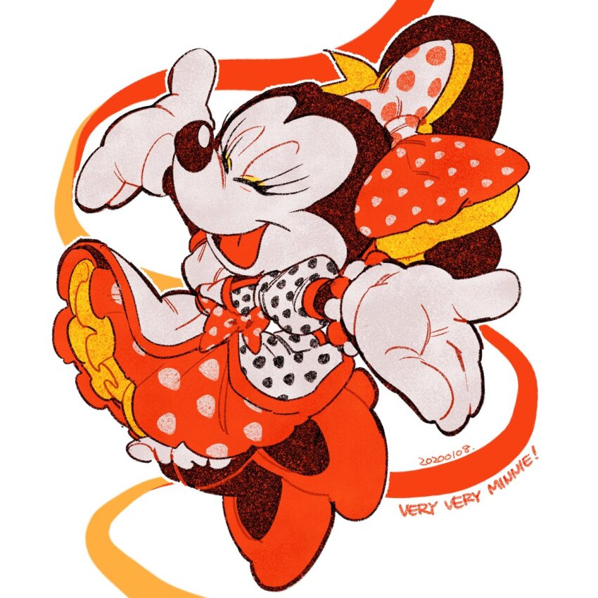1girl animal_ears bow dress gloves hair_bow high_heels highres looking_at_viewer mickey_mouse_&amp;_friends minnie_mouse moov_(mb_52) mouse_ears mouse_girl mouse_tail open_mouth polka_dot polka_dot_bow polka_dot_dress smile solo tail white_gloves