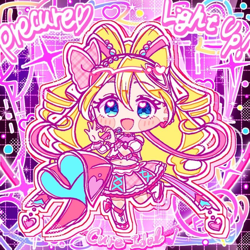 1girl bare_shoulders beads black_background blonde_hair blue_eyes blush_stickers boots bow bow-shaped_hair bow_choker bowtie bracelet bridal_gauntlets brooch character_name chibi choker colored_eyelashes commentary copyright_name cropped_shirt cross-laced_clothes cross-laced_skirt cure_idol detached_sleeves earrings english_commentary english_text footwear_bow frilled_bridal_gauntlets frilled_skirt frills grid_background hair_beads hair_bow hair_ornament hair_ribbon hairclip halftone halftone_background happy headset heart heart_brooch heart_earrings heart_hair_ornament heart_hands heart_in_eye heart_print jewelry kimi_to_idol_precure knee_boots layered_skirt leg_up long_hair magical_girl medium_skirt midriff miniskirt multiple_earrings navel outline pink_background pink_bow pink_bowtie pink_bridal_gauntlets pink_choker pink_ribbon pink_shirt pink_skirt pink_theme plaid_bow plaid_clothes plaid_skirt precure pu_0521 puffy_short_sleeves puffy_sleeves ribbon ringlets sakura_uta_(precure) shirt short_sleeves skirt sleeveless sleeveless_shirt solo sparkle sphere_earrings symbol_in_eye tareme two-tone_background very_long_hair white_boots white_headphones white_outline white_sleeves