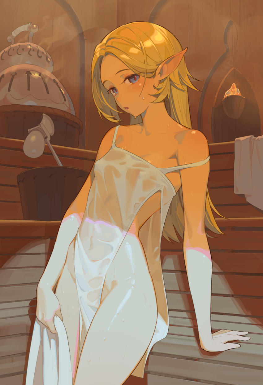 1girl blonde_hair blue_eyes blush breasts highres long_hair looking_at_viewer original pointy_ears sauna small_breasts solo sweat timbougami wet wet_clothes