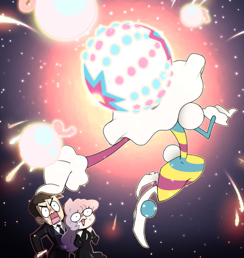 1boy 1girl alternate_costume anabel_(pokemon) blacephalon black_dress chibi dress fireworks gen_7_pokemon highres looker_(pokemon) necktie new_year night night_sky nintendo open_mouth pokemon pokemon_(creature) pokemon_sm purple_eyes purple_hair sky sleeveless sleeveless_dress sweat ultra_beast v-shaped_eyebrows vergolophus
