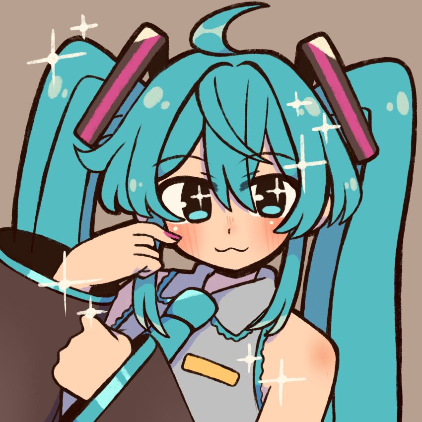 +_+ 1girl :3 ahoge blue_eyes blue_hair blue_necktie blush closed_mouth collared_shirt detached_sleeves grey_shirt hatsune_miku highres long_sleeves looking_at_viewer necktie photo-referenced pink_nails shirt sleeveless sleeveless_shirt smile sofo_soup solo sparkle vocaloid
