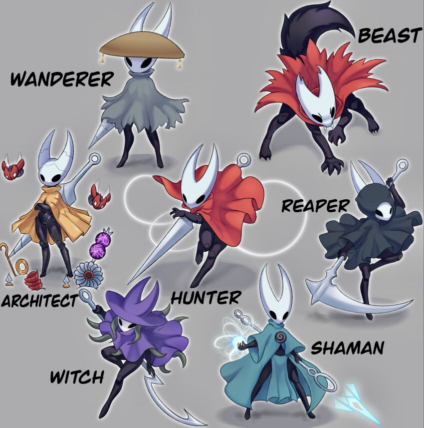 1girl alternate_costume arthropod_girl black_cloak black_eyes black_skin cloak colored_skin full_body highres holding holding_scythe holding_weapon hollow_eyes hollow_knight hollow_knight:_silksong horned_mask hornet_(hollow_knight) horns liet4649 looking_at_viewer mask needle_(hollow_knight) red_cloak scythe simple_background standing weapon white_mask yellow_cloak