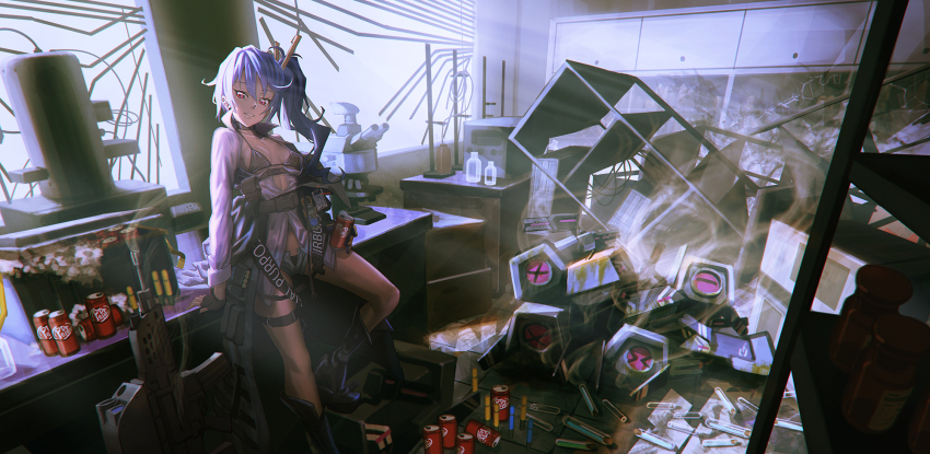 &gt;_&lt; 1girl 20x30mm_lv 20x30mm_lv_heab_k167 20x30mm_lv_p_k168 airburst_grenade_launcher airburst_round ammunition anti-materiel_cartridge arm_support assault_rifle bikini bikini_under_clothes black_bikini black_footwear black_gloves blouse blue_hair bolt-action_grenade_launcher bolt_action boots breasts bullpup burst_fire_gun burst_fire_rifle can cannon_cartridge carbine commentary_request computerized_scope daewoo_k11 dinergate_(girls&#039;_frontline) dr_pepper drink_can drone explosive fingerless_gloves fragmentation_grenade fragmentation_warhead girls&#039;_frontline gloves grenade grenade_cartridge grenade_launcher grey_shorts gun hair_between_eyes high-explosive_airburst_round high-explosive_cartridge high_heel_boots high_heels highres hironii_(hironi3) indoors k11_(girls&#039;_frontline) long_hair long_sleeves looking_at_viewer medium_breasts military_cartridge multi-weapon multiple-barrel_gun name_connection object_namesake open_clothes open_shorts parted_lips practice_round precision-guided_firearm precision-guided_munition red_eyes rifle robot scope shelf shirt short-barreled_rifle short_shorts shorts side_ponytail sight_(weapon) smart_grenade smart_scope smoke smoking_barrel soda_can subsonic_ammunition swimsuit telescopic_sight test_tube thermal_weapon_sight underbarrel_assault_rifle underbarrel_rifle unmanned_ground_vehicle weapon white_shirt