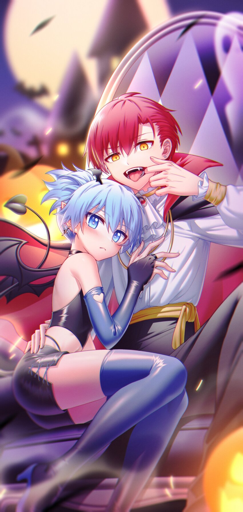 2boys :&lt; absurdres akabane_karma ansatsu_kyoushitsu arm_around_waist armchair ascot backless_shirt bat_(animal) bat_wings black_cape black_pants blue_eyes blue_footwear blue_gloves blue_hair blush boots cape castle chair clothing_cutout collared_cape collared_shirt crop_top cross cross-laced_clothes cross-laced_shorts cross_earrings crossdressing curtained_hair demon_costume demon_tail earrings elbow_gloves fangs feet_out_of_frame floating_cape frilled_shirt frilled_sleeves frills full_moon furrowed_brow gem ghost gloves groin hair_between_eyes hair_slicked_back halloween_costume hand_on_another&#039;s_chest hand_on_another&#039;s_hip head_wings heart_cutout high-waist_pants highres jack-o&#039;-lantern jewelry kanoshu_baki leather_shorts light_blue_hair looking_at_viewer male_focus mini_wings moon mouth_pull multiple_boys multiple_earrings navel night night_sky pants panty_straps pointy_ears popped_collar red_cape red_gemstone red_hair ring sash shiny_clothes shiny_footwear shiota_nagisa shirt short_hair short_shorts shorts shoulder_blades sitting_between_lap sky spread_legs tail thigh_boots tongue tongue_out trap two-sided_cape two-sided_fabric v-shaped_eyebrows vampire_costume waist_sash white_shirt wings yaoi yellow_sash