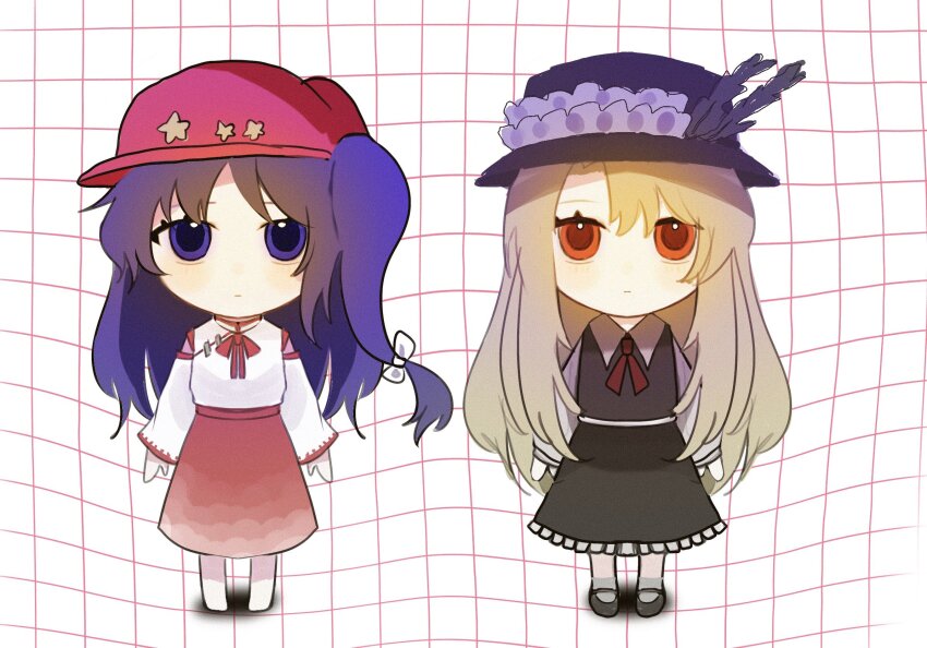 2girls aka_owwo_ri bare_shoulders barefoot black_shoes blonde_hair brown_hat brown_skirt brown_vest chibi collarbone commentary_request detached_sleeves flat_cap frilled_hat frilled_skirt frills full_body hat hat_feather hat_ornament highres jacket_girl_(dipp) label_girl_(dipp) long_hair long_sleeves mandarin_collar mary_janes multiple_girls neck_ribbon newsboy_cap purple_eyes purple_hair red_eyes red_hat red_ribbon red_skirt ribbon shirt shoes side_ponytail simple_background skirt sleeveless sleeveless_shirt socks standing star_(symbol) star_hat_ornament touhou very_long_hair vest white_shirt white_sleeves white_socks wide_sleeves