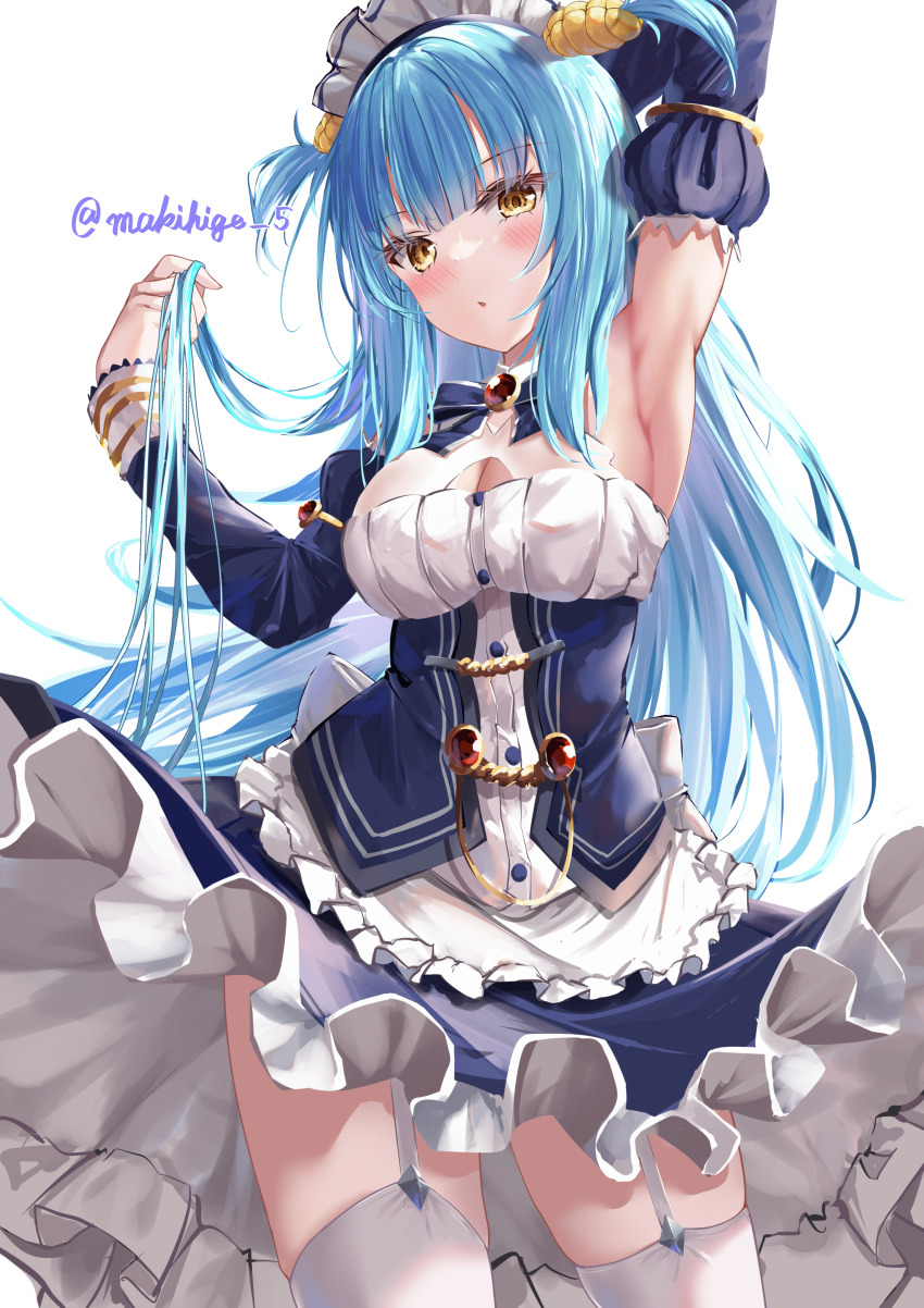 1girl absurdres apron arm_up armpits azur_lane bare_shoulders blue_bow blue_bowtie blue_corset blue_dress blue_hair blush bow bowtie breasts cleavage corset detached_sleeves dress frilled_apron frilled_dress frills from_below garter_straps gem hand_up highres holding holding_own_hair long_hair looking_at_viewer looking_down maid_headdress makihige medium_breasts neptune_(azur_lane) parted_lips red_gemstone shell_hair_ornament signature skindentation solo staring thighhighs thighs very_long_hair white_apron yellow_eyes