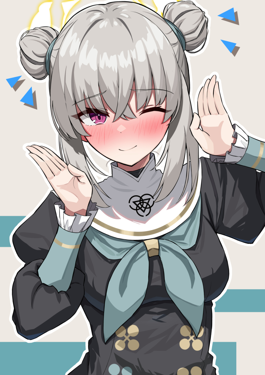1girl alternate_hairstyle amenocchi blue_archive blush breasts crossed_bangs double_bun embarrassed grey_hair hair_between_eyes hair_bun halo highres long_sleeves medium_breasts nose_blush nun one_eye_closed purple_eyes sakurako_(blue_archive) smile solo upper_body yellow_halo
