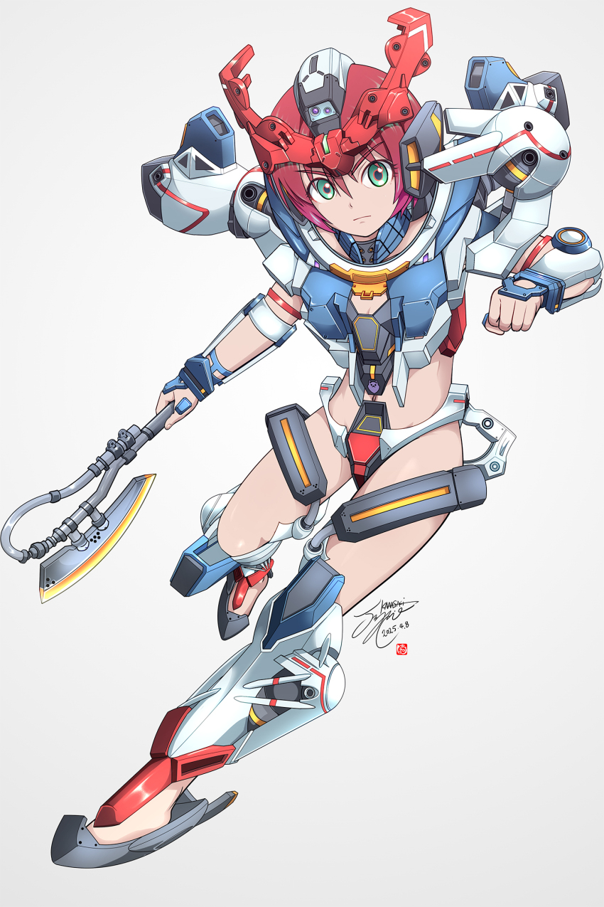 1girl amate_yuzuriha artist_logo axe cosplay dated full_body gquuuuuux gquuuuuux_(cosplay) gundam gundam_gquuuuuux highres holding holding_axe holding_weapon logo looking_at_viewer mecha mechanical_arms mechanical_legs red_hair robot short_hair signature simple_background solo weapon white_background yawarabi_juubee