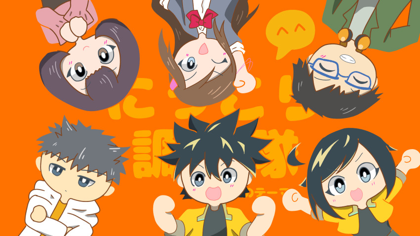 digimon digimon_rearise female_protagonist_(digimon_rearise) happy highres hiiragi_takumi kohinata_mayu looking_at_viewer male_protagonist_(digimon_rearise) multicolored_hair one_eye_closed open_mouth ribbon school_uniform shinjo_michi short_hair smile tamada_keito wink