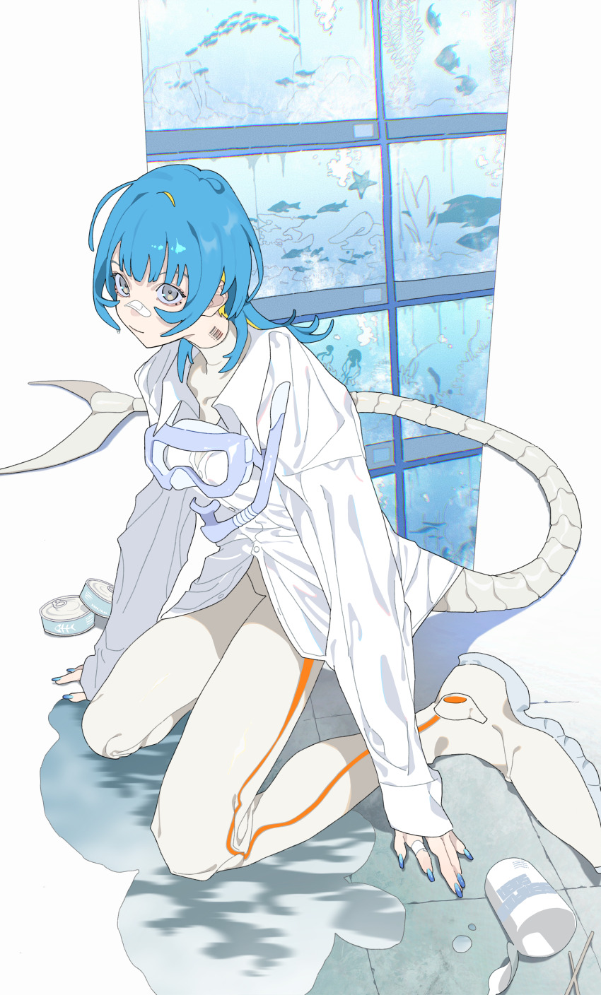 1girl absurdres bandaid bandaid_on_face bandaid_on_nose barcode barcode_tattoo blue_hair blue_nails bodysuit closed_mouth collared_shirt commentary_request cup diving_mask diving_suit fins fish fish_tail fish_tank full_body goggles grey_eyes highres himuro_yukichiko long_hair long_sleeves looking_at_viewer nail_polish original puddle shirt sitting solo tail tattoo water white_shirt