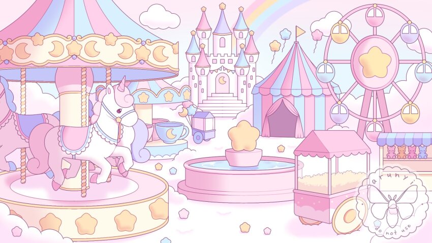 arunyi balloon carousel castle circus_tent cloud commentary commission cup english_commentary ferris_wheel food highres no_humans original outdoors pastel_colors popcorn rainbow scenery star_(symbol) stuffed_animal stuffed_toy teacup teddy_bear tent unicorn vgen_commission watermark yume_kawaii