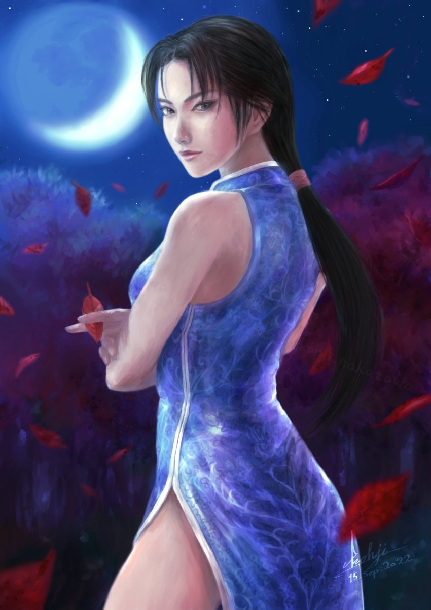 1girl back bare_shoulders black_hair blue_dress breasts china_dress chinese_clothes collared_dress crescent_moon crossed_arms dated dress falling_leaves highres holding holding_leaf hong_xiu_ying kohji leaf lips long_hair looking_at_viewer looking_back low_ponytail moon moonlight night outdoors parted_bangs patterned_clothing pelvic_curtain ponytail shenmue shenmue_ii side_slit sidelocks signature sky solo standing star_(sky) starry_sky thighs tree