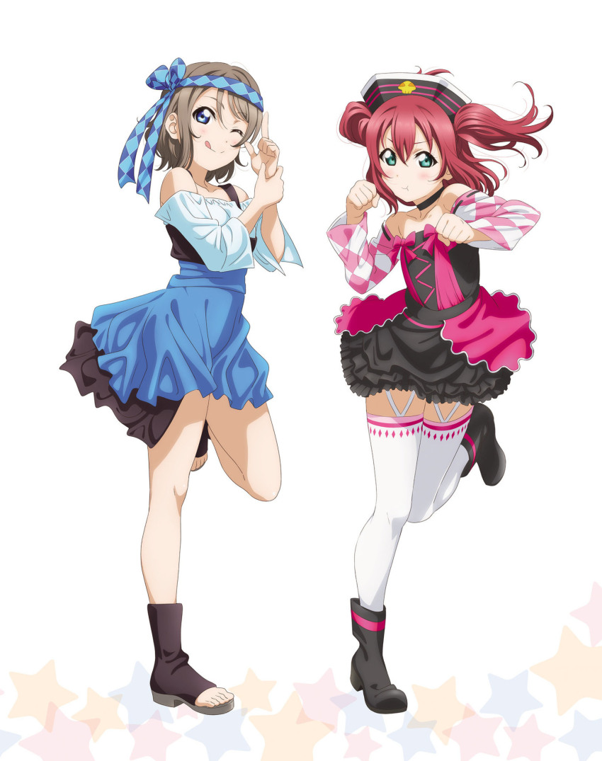 2girls :t aqua_eyes artbook black_choker blue_eyes blue_skirt blush boots choker clenched_hands collarbone cross-laced_clothes detached_sleeves dress frills full_body garter_straps grey_hair hair_between_eyes hat headband highres japanese_clothes kinmirai_happy_end kurosawa_ruby leg_up long_sleeves looking_at_viewer love_live! love_live!_sunshine!! multiple_girls non-web_source official_alternate_costume official_art one_eye_closed paw_pose red_hair shirt short_hair simple_background skirt smile standing standing_on_one_leg thighhighs tongue tongue_out twintails two_side_up watanabe_you white_background