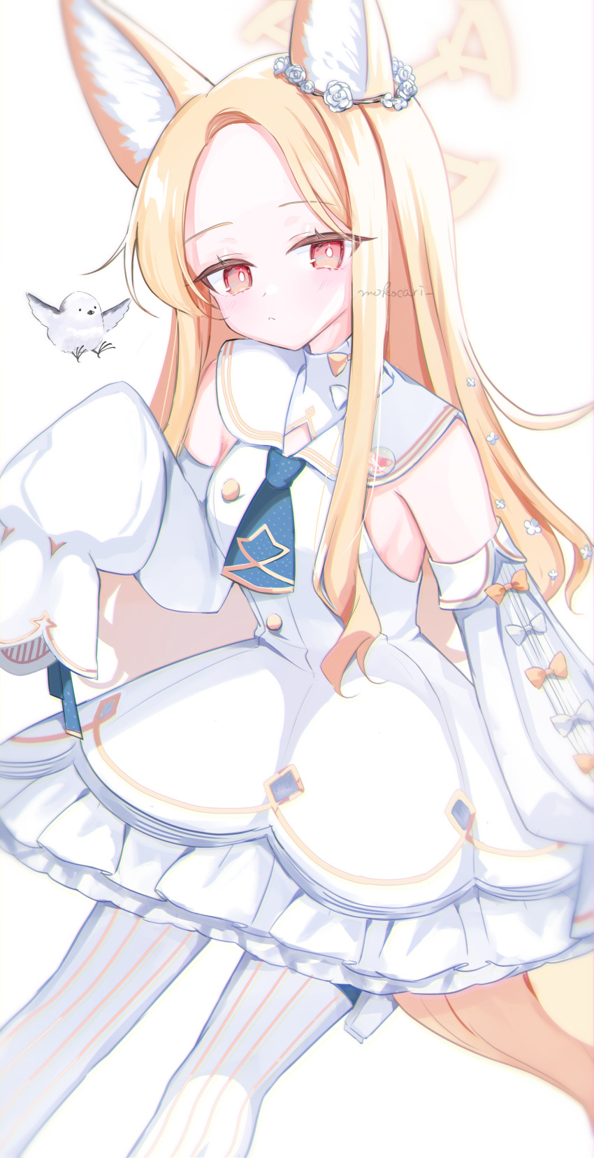 1girl absurdres animal animal_ear_fluff animal_ears bird blonde_hair blue_archive blush breasts closed_mouth commentary_request detached_sleeves dress feet_out_of_frame flower halo highres long_hair long_sleeves looking_at_viewer moko_(mokochisa) pantyhose parted_bangs puffy_long_sleeves puffy_sleeves red_eyes rose seia_(blue_archive) signature sleeveless sleeveless_dress sleeves_past_fingers sleeves_past_wrists small_breasts solo striped_clothes striped_pantyhose tail vertical-striped_clothes vertical-striped_pantyhose very_long_hair white_dress white_flower white_pantyhose white_rose white_sleeves