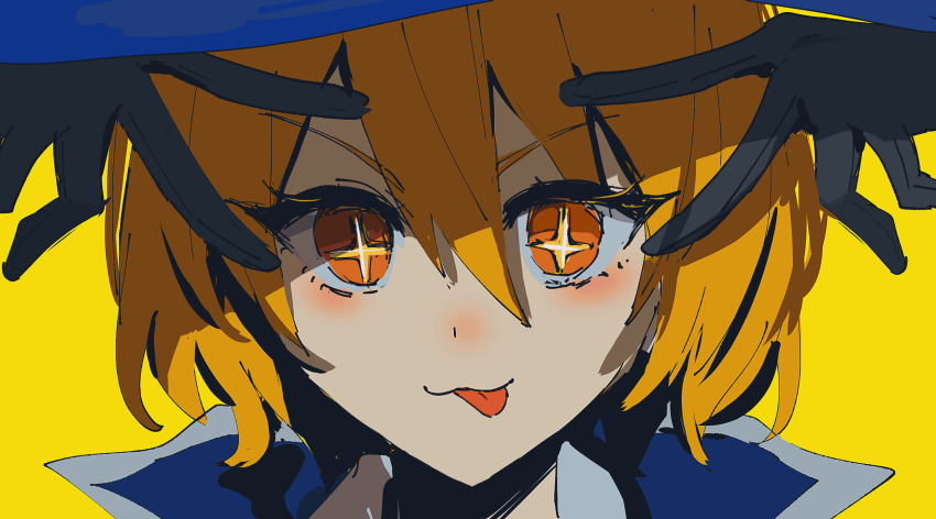 +_+ 1girl :3 blue_hat cinq_association_(identity)_(project_moon) close-up commentary_request don_quixote_(project_moon) double_v hair_between_eyes hat highres hoshino_ai&#039;s_pose limbus_company looking_at_viewer orange_eyes orange_hair oshi_no_ko pose_imitation project_moon short_hair simple_background sixgod solo tongue tongue_out v yellow_background