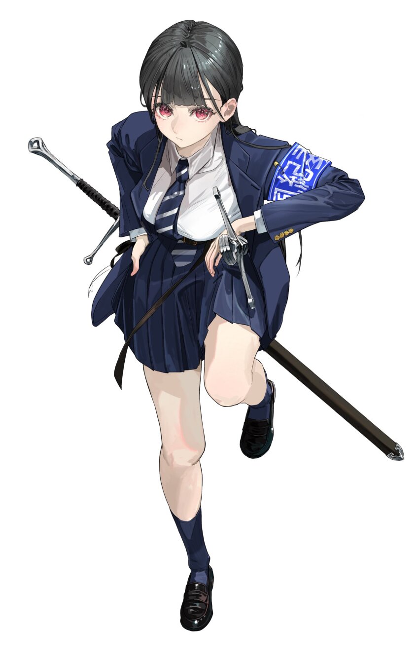 1girl black_hair highres jacket long_hair looking_at_viewer necktie original red_eyes sawatani_(_swt2) school_uniform shirt skirt solo sword weapon white_background white_shirt