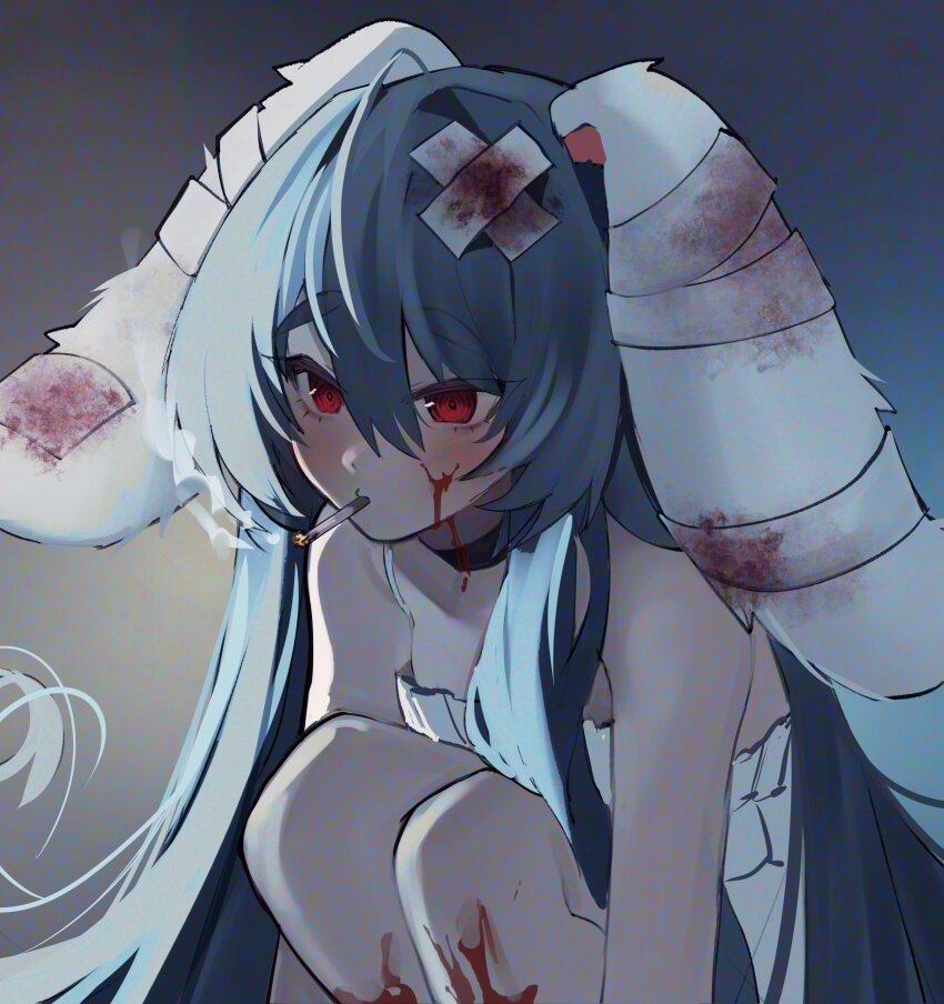 1girl @_@ absurdres ahoge animal_ears bandaged_ear bandaged_head bandages black_choker bleeding blood blue_hair blush choker cigarette commentary cuts double-parted_bangs dress english_commentary hair_between_eyes hair_intakes highres indie_virtual_youtuber injury knees_to_chest kumaartsu long_hair lop_rabbit_ears para_(vtuber) rabbit_ears rabbit_girl red_eyes sidelocks smoking sundress thick_eyebrows tsurime very_long_hair virtual_youtuber white_dress