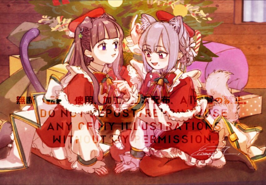 2girls alternate_hairstyle animal_ear_fluff animal_ears artist_name assault_lily bell beret blunt_bangs blush boots bow bowtie box braid braided_bangs braided_bun brown_footwear brown_hair capelet cat_ears cat_girl cat_tail christmas christmas_ornaments christmas_tree closed_mouth commentary dress frilled_dress frills fukuyama_jeanne_sachie fur-trimmed_boots fur-trimmed_dress fur_trim gift gift_box hair_bun hand_on_floor hand_up hat highres indoors kemonomimi_mode kishimoto_maria_mirai knees komuzuka long_hair long_sleeves looking_at_another mole mole_under_mouth multiple_girls neck_bell on_floor pantyhose parted_lips pink_eyes puffy_long_sleeves puffy_sleeves purple_eyes red_bow red_bowtie red_capelet red_dress red_hat red_pantyhose santa_costume santa_dress short_hair sidelocks signature sitting smile symbol-only_commentary tail tail_raised tilted_headwear wariza watermark wide_sleeves