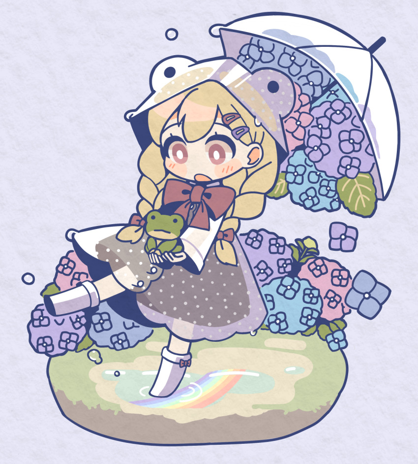 1girl blonde_hair blue_flower blush_stickers boots bow braid bright_pupils brown_bow brown_dress brown_eyes brown_ribbon chibi commentary_request dress flower footwear_bow frog hair_bow hair_ornament hairclip highres hoshizuki_sakusa hydrangea long_hair low_twin_braids neck_ribbon no_nose open_mouth original paper_texture pink_bow pink_flower polka_dot puddle purple_flower rainbow raincoat ribbon see-through_clothes see-through_raincoat solo twin_braids umbrella umbrella_flower white_boots white_pupils