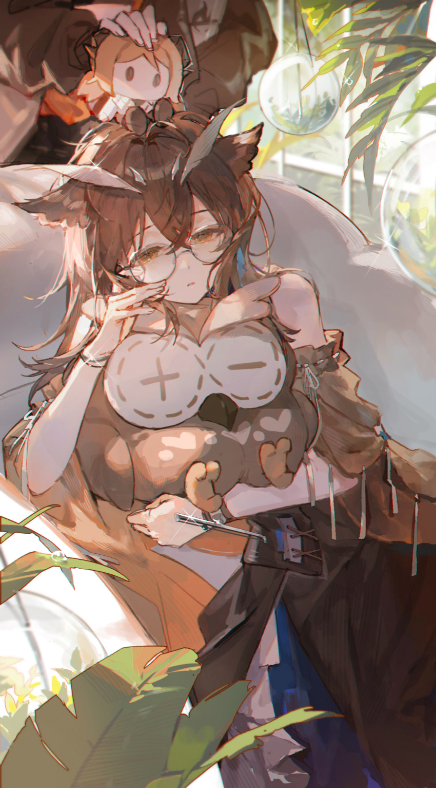 2girls arknights bare_shoulders black_skirt bracelet brown_eyes brown_hair brown_jacket brown_shirt bubble character_doll commentary_request doll doll_on_head feather_hair feet_out_of_frame glasses head_out_of_frame highres ifrit_(arknights) jacket jewelry long_hair looking_at_viewer lying multiple_girls nonhaaa open_mouth orange_shirt owl_ears owl_girl plant rhine_lab_logo shirt short_sleeves silence_(arknights) skirt stuffed_owl