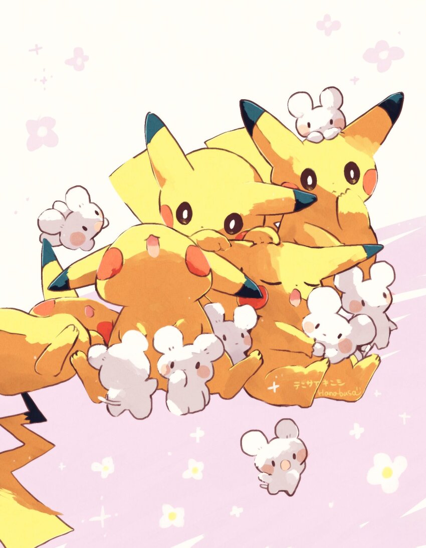 :o animal_focus artist_name closed_mouth commentary_request gen_1_pokemon hanabusaoekaki highres mouse_(animal) nintendo no_humans open_mouth pikachu pokemon pokemon_(creature) purple_background sitting solid_oval_eyes sparkle species_connection tail tandemaus two-tone_background white_background white_fur yellow_fur
