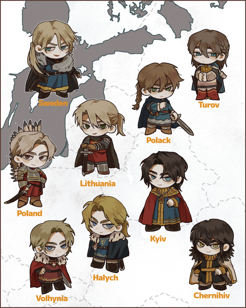 6+boys absurdres blonde_hair braid brown_eyes cape europe green_eyes half_updo highres historical_event long_hair looking_at_viewer low_ponytail map multiple_boys open_mouth original personification ponytail red_cape saboten92 side_braid smile white_cape white_hair winged_hussar