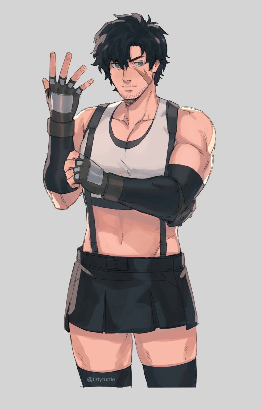 1boy bare_shoulders beard_stubble black_eyes black_hair black_skirt black_thighhighs clive_rosfield collarbone commentary cosplay cowboy_shot crop_top elbow_gloves english_commentary facial_hair final_fantasy final_fantasy_vii final_fantasy_xvi fingerless_gloves gloves grey_background grey_eyes highres light_smile male_focus midriff miniskirt navel pectorals scar scar_on_face short_hair simple_background skirt solo stubble suspender_skirt suspenders tank_top thighhighs tifa_lockhart tifa_lockhart_(cosplay) tirtyturtle twitter_username white_tank_top