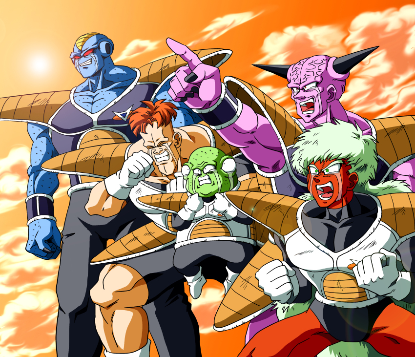 5boys absurdres armor blue_skin burter captain_ginyu colored_skin crying crying_with_eyes_open dragon_ball dragonball_z extra_eyes ginyu_force green_skin guldo highres jeice multiple_boys open_mouth orange_hair orange_sky purple_skin recoome red_eyes red_skin sky sun tears vansolt veins white_hair wrist_guards