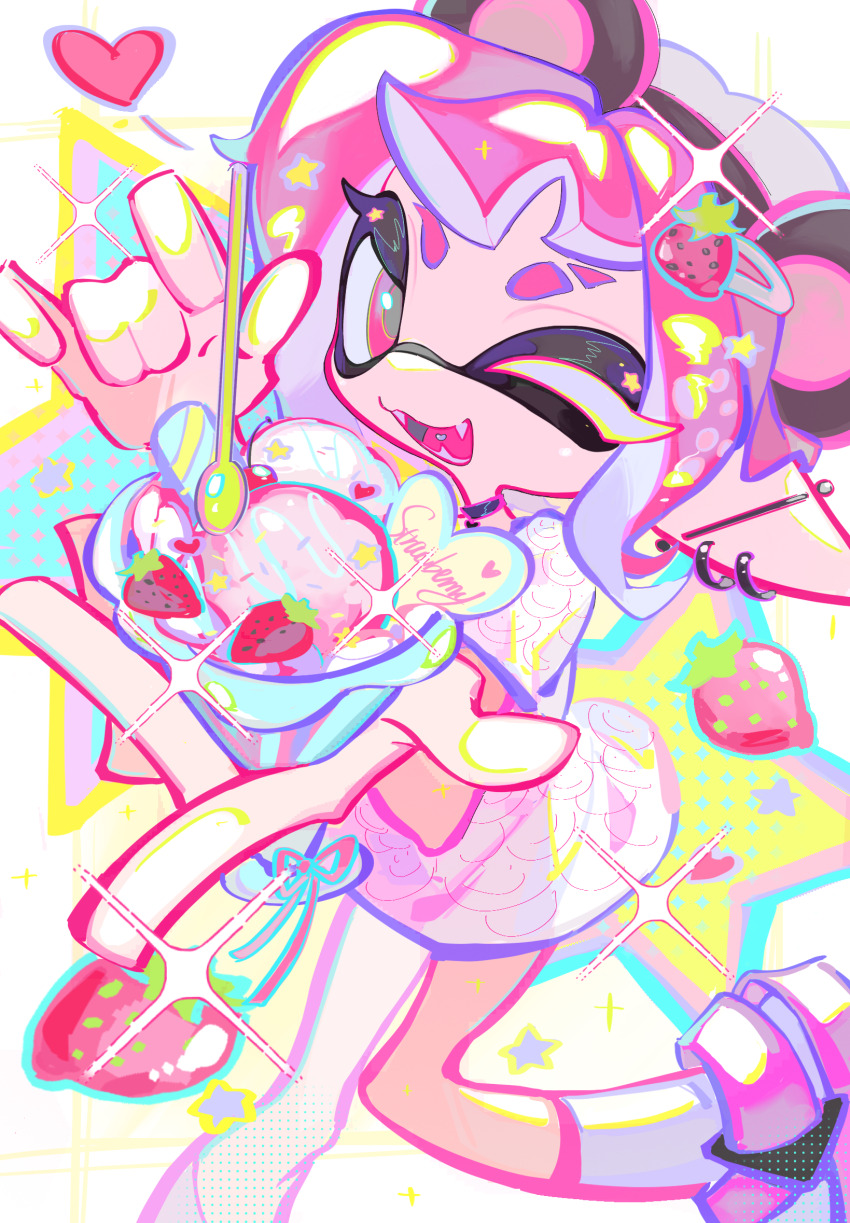 1girl animal_ears bear_ears black_choker choker commentary_request earrings eyebrow_cut fake_animal_ears fang food food-themed_hair_ornament fruit hair_ornament hairclip heart highres holding holding_food holding_ice_cream holding_spoon ice_cream inkling inkling_girl inkling_player_character jewelry nintendo one_eye_closed open_mouth parfait pink_eyes pink_hair pink_shoes shirt shoes short_hair solo splatoon_(series) splatoon_3 spoon strawberry strawberry_hair_ornament strawberry_parfait tentacle_hair white_shirt xiaoyunatie