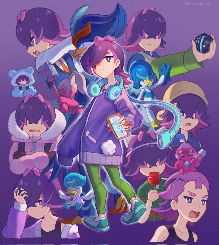 1girl blue_eyes closed_mouth colored_skin dot_(pokemon) evolutionary_line fur_jacket furry gen_4_pokemon green_pants hair_ornament hair_over_eyes hair_over_one_eye hammer headphones highres holding holding_hammer holding_tera_orb hood hood_up hooded_jacket hoodie jacket japanese_clothes kimono long_hair long_sleeves multicolored_hair naranja_academy_school_uniform necktie nekomura_saki nintendo open_clothes open_mouth orange_necktie pants pink_hair pink_skin pokemon pokemon_(anime) pokemon_(creature) pokemon_horizons ponytail purple_eyes purple_hair quaquaval quaxly quaxwell rotom rotom_phone school_uniform shirt short_hair smile tank_top tera_orb tinkatink tinkatuff tongue yukata