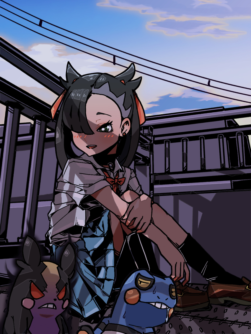 1girl 2049_(hh5566) aqua_eyes asymmetrical_bangs black_hair blouse child clenched_hand collared_shirt croagunk earrings eyelashes female_focus flat_chest gen_4_pokemon gen_8_pokemon hair_ornament hair_over_one_eye happy highres holding_own_arm jewelry knees_to_chest legs light_blush long_hair looking_at_another marnie_(pokemon) miniskirt morpeko neck neck_ribbon nintendo outdoors pokemon pokemon_(creature) pokemon_swsh ribbon school_uniform shirt short_sleeves sideways_glance skirt smile socks thighs turning_head twintails undercut