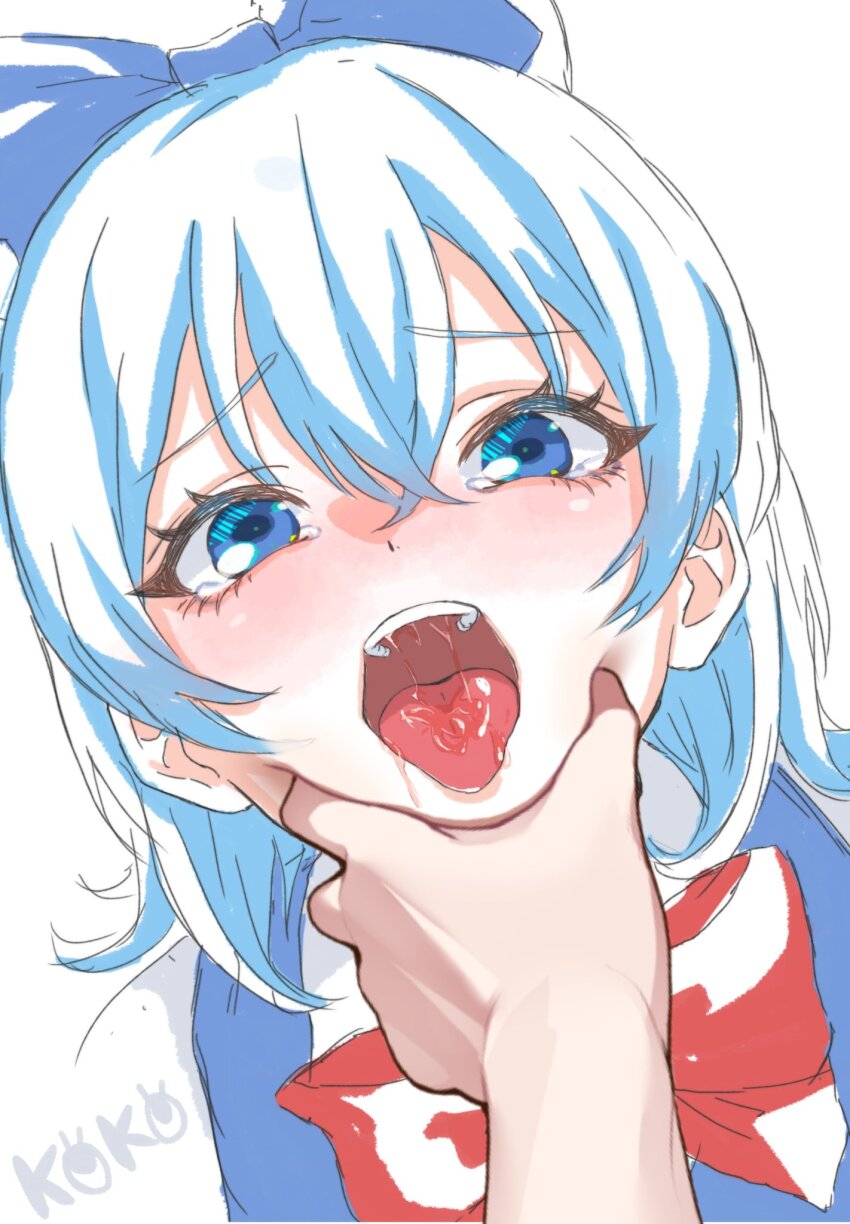 0002koko 1girl 1other artist_name blue_bow blue_dress blue_eyes blue_hair blush bow cheek_squash cirno collared_shirt commentary_request dress furrowed_brow hair_bow highres long_hair looking_at_viewer meme neck_ribbon open_mouth pov_cheek_grabbing_(meme) red_ribbon ribbon saliva sexually_suggestive shirt simple_background solo_focus tearing_up tears teeth tongue tongue_out touhou upper_body upper_teeth_only white_background white_shirt