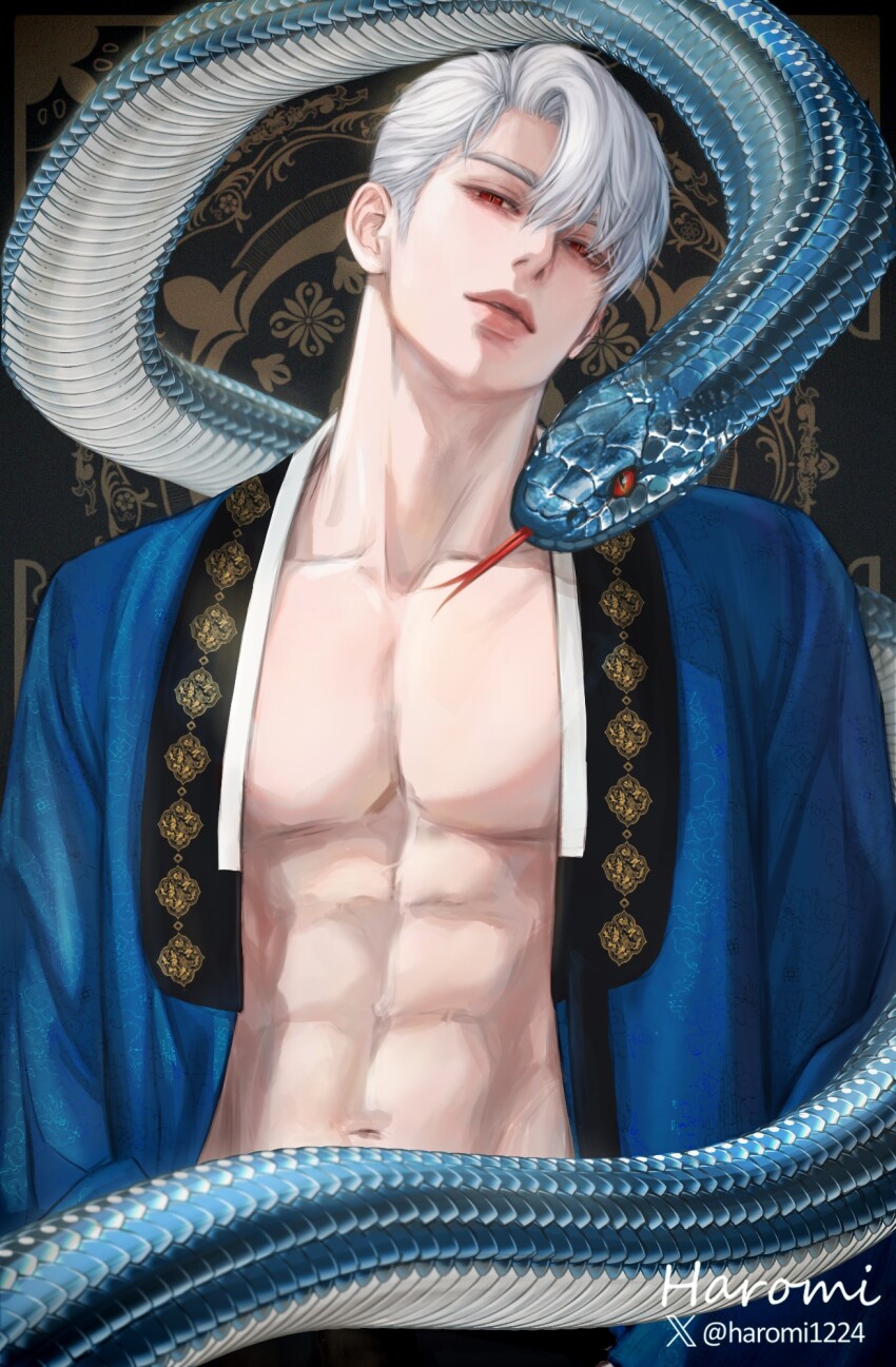 1boy 1other abs blue_sleeves blue_snake copyright_request eyes_visible_through_hair hair_over_one_eye haromi1224 highres lips looking_at_viewer male_focus muscular muscular_male navel open_clothes parted_bangs parted_lips pectorals red_eyes short_hair signature slit_pupils twitter_username upper_body white_hair