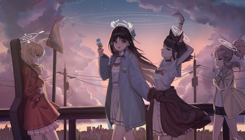 4girls absurdres after-school_sweets_club_(blue_archive) airi_(band)_(blue_archive) airi_(blue_archive) animal_ears animal_print arm_behind_head arm_up black_hair black_jacket black_shorts blonde_hair blue_archive blue_hair blue_jacket brown_hair cat_ears cat_girl cat_print chojja closed_eyes clothes_around_waist colored_inner_animal_ears colored_inner_hair drink hands_in_pockets highres holding holding_drink jacket jacket_around_waist juice_box kazusa_(band)_(blue_archive) kazusa_(blue_archive) looking_at_another looking_to_the_side low_twintails multicolored_hair multiple_girls natsu_(band)_(blue_archive) natsu_(blue_archive) official_alternate_costume official_alternate_hairstyle pink_hair pleated_skirt ponytail red_eyes red_jacket scenery shirt shorts skirt stretching sunset twintails two-tone_hair white_shirt white_skirt yellow_jacket yoshimi_(band)_(blue_archive) yoshimi_(blue_archive)