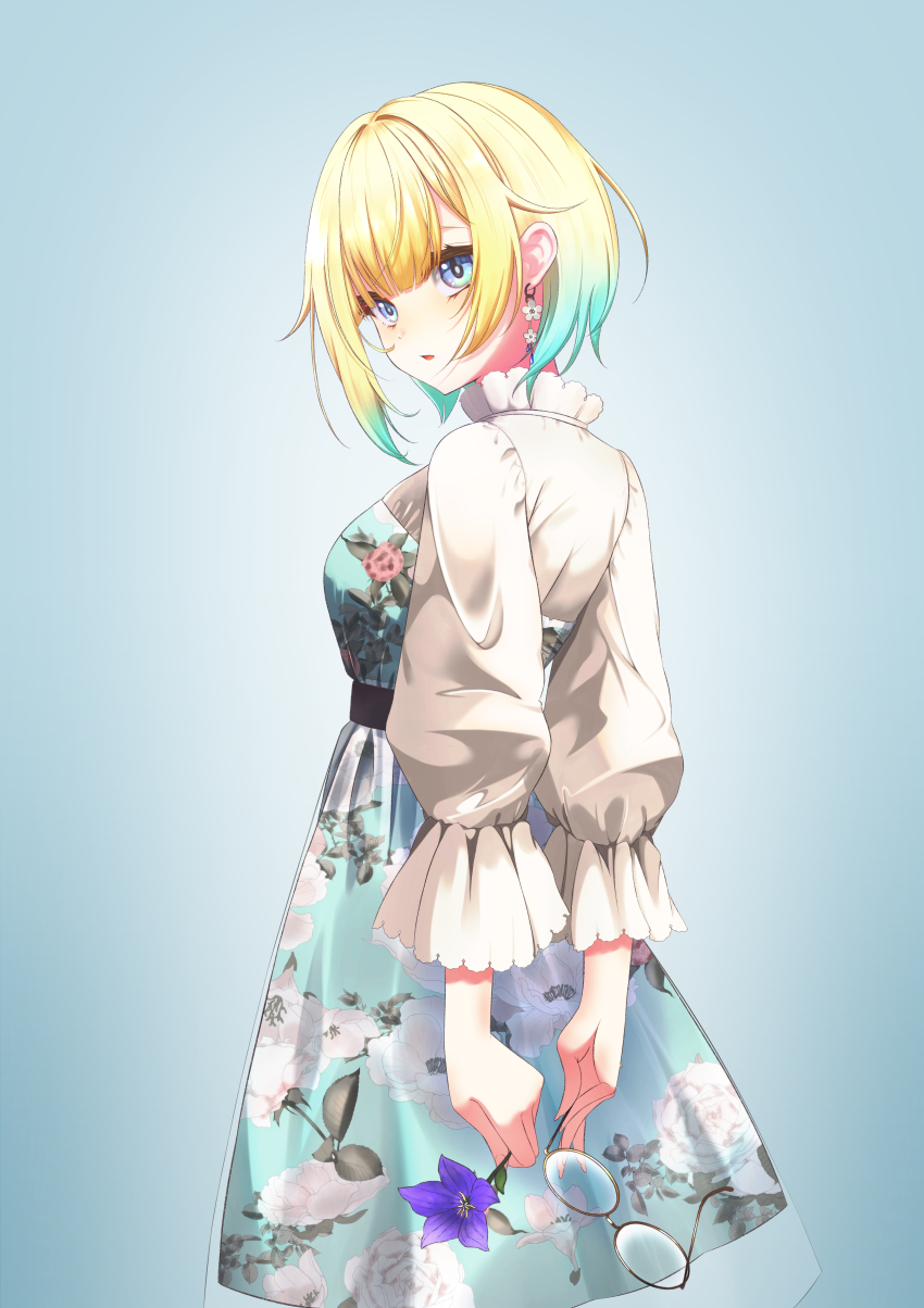 1girl absurdres aizawa_ema aizawa_ema_(3rd_costume) arms_behind_back belt blonde_hair blue_background blue_eyes blue_hair blunt_bangs breasts collared_dress dot_nose dress earrings floral_print flower glasses gradient_background gradient_hair hair_flaps highres holding holding_flower jewelry large_breasts looking_at_viewer multicolored_hair nouto open_mouth purple_flower short_hair simple_background solo unworn_eyewear virtual_youtuber vspo!